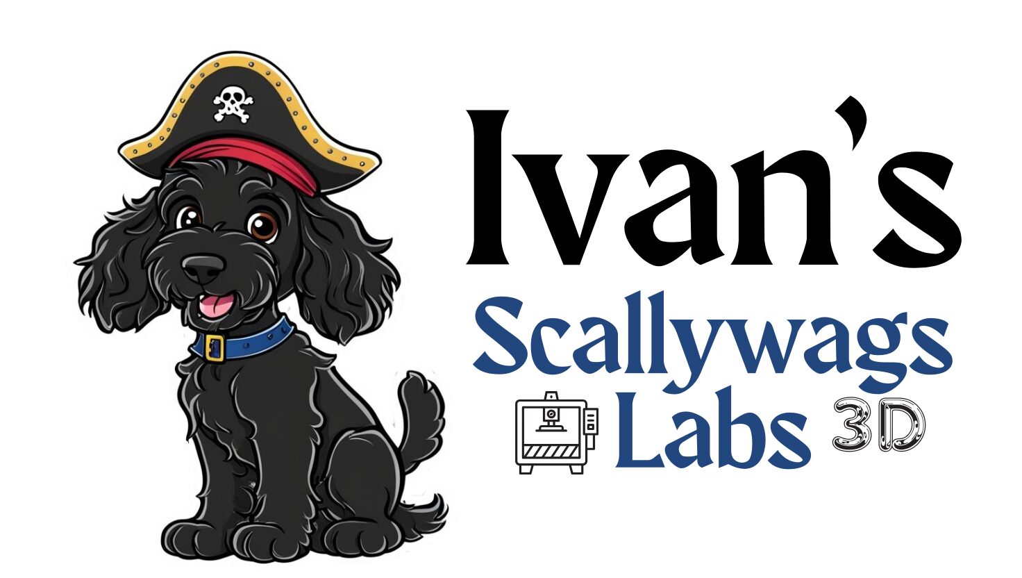 Black Goldendoodle Puppy in a Pirate Hat with the name Ivan's Scallywags Labs showing a 3D printer icon and 3D